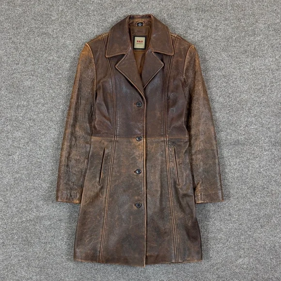 R&O Brand Brown Distressed Leather Trench Coat Jacket Womens S Mid-Length Patina - Picture 1 of 8